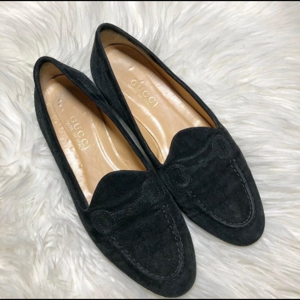 Gucci black suede stitched horsebit loafers